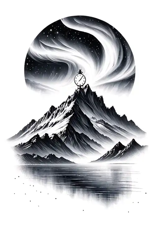 aurora borealis colors in the darks mountains touches the sea with clock on the top of the mountain at the middle of the tattoo design idea