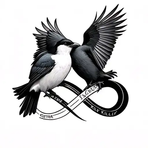 the 2 bigger birds staying closer  then 3  close to the infinity symbol three names on the line sierra cassidy reilly tattoo design idea