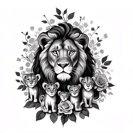 lion with a lioness and 3 cubs intertwined with roses tattoo design idea