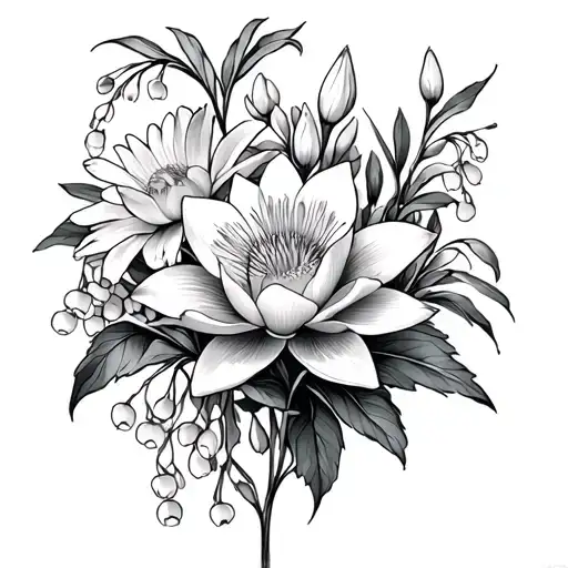 narcissus, water lilly, aster, cosmo, rose and lily of the valley tattoo design idea