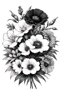 a flower bouquet with a carnation, gladiolus, daffodil, poppy, and aster where the stems form a circle tattoo design idea