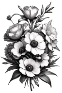 a flower bouquet with a carnation, gladiolus, daffodil, poppy, and aster where the stems form a circle tattoo design idea