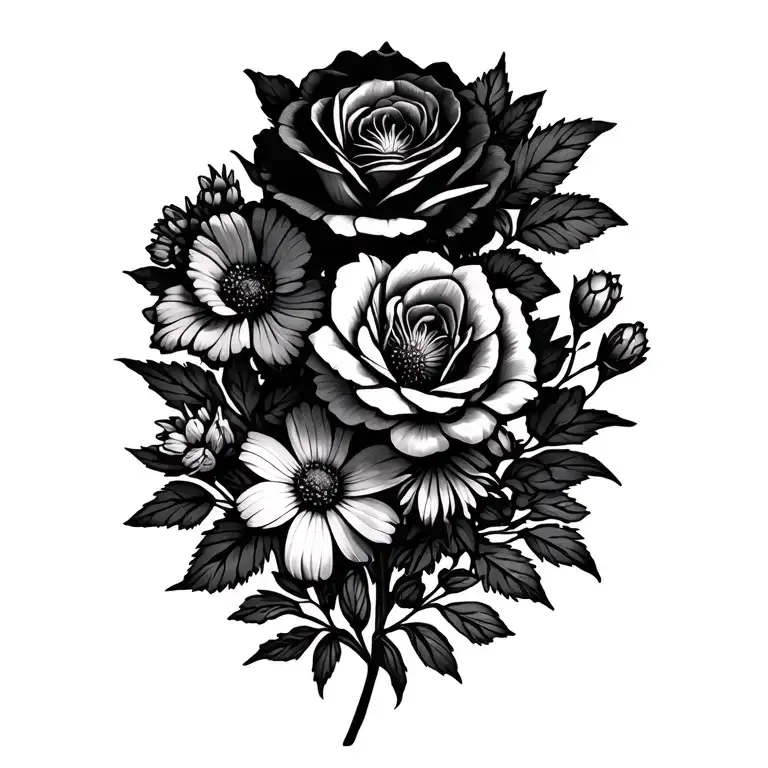 Larkspur, iris, rose, honeysuckle, aster, marigold and cosmos tattoo design idea