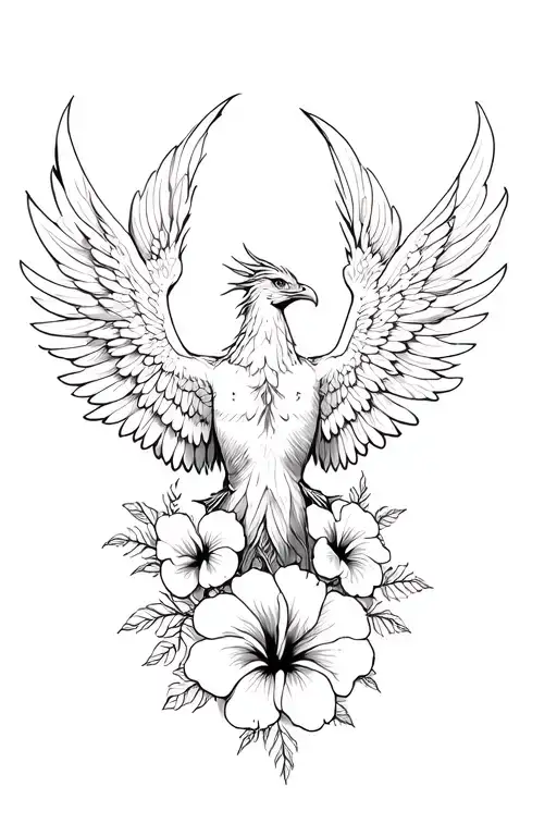 back of phoenix rising with wings spread, with hibiscus flowers  tattoo design idea
