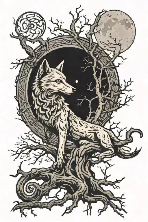 A forearm tattoo featuring a howling wolf under the moon with a single dead tree. The initials ELJ and JCW are displayed tattoo design idea