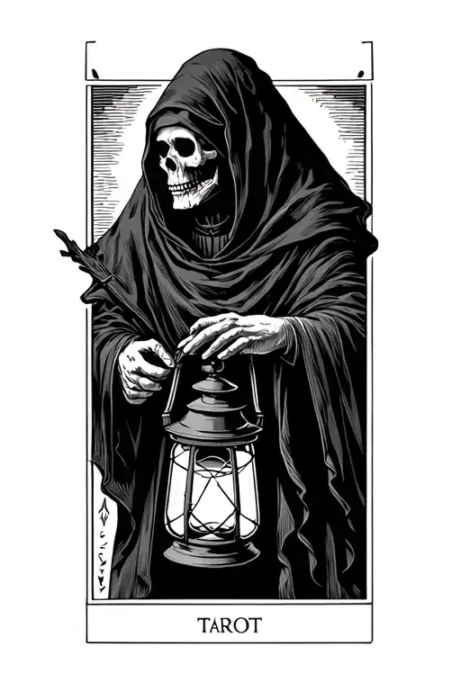 The hermit tarot card walking sideways in darkness holding a lantern thats emitting light. Skull face cloaked in hood tattoo design idea
