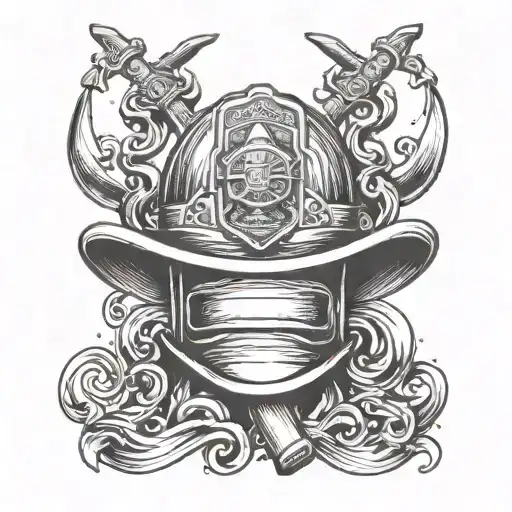 A dotwork tattoo of a firefighter's helmet with a musical note and anchor, representing your dedication to both firefighting and the navy tattoo design idea