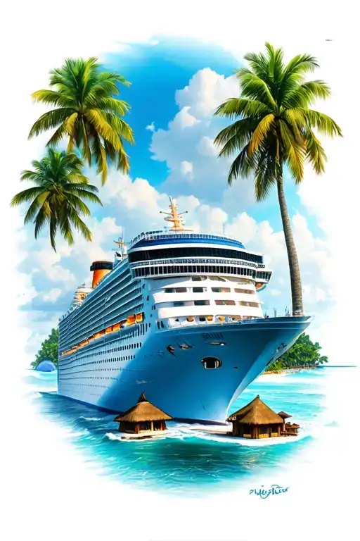 Carnival Cruise Ship in Caribbean sorruonded by Island-type things (palm trees, island huts, etc) tattoo design idea
