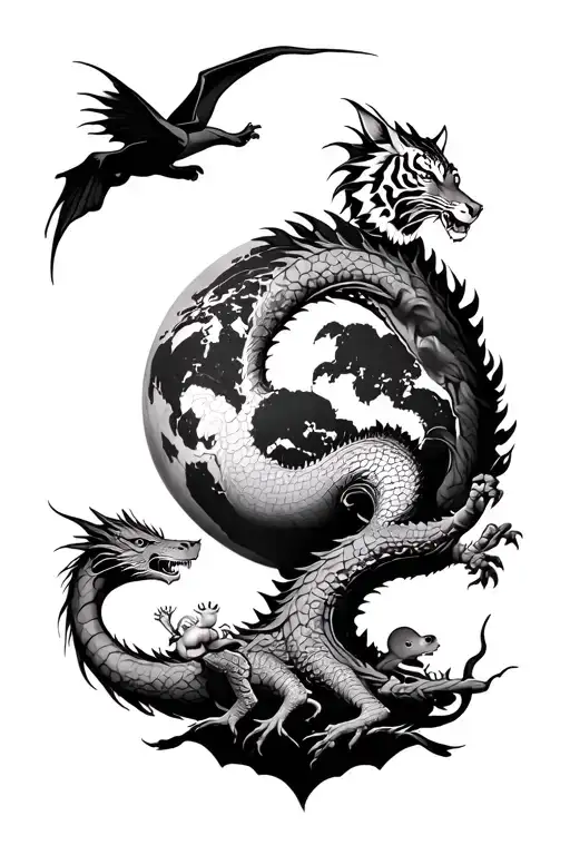the world tree with a dragon flying around it, with a tiger pig and mouse running on top of the dragon tattoo design idea
