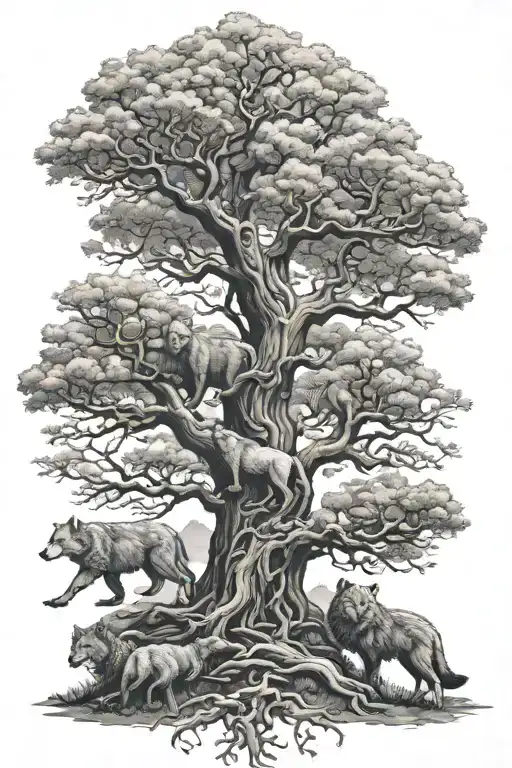 norse yggdrasil tree with wolves tattoo design idea