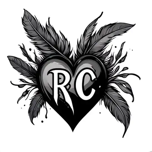 invini in heart + initials R and C + feathers tattoo design idea