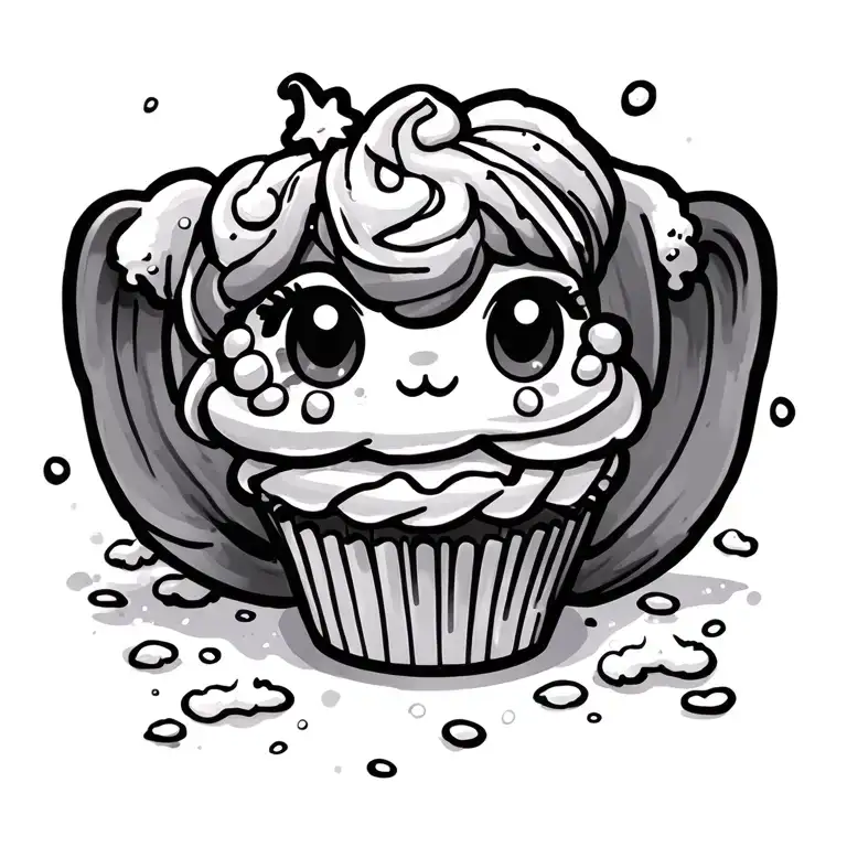 tattoo like a cute cartoon  who eat cupcake and some snow fall tattoo design idea