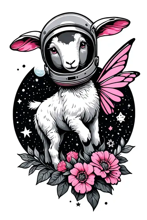 Small simple tattoo of a lamb in space with pink fairy wings wearing an retro space helment. Stars. planetsFlowers. Pink tattoo design idea