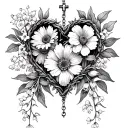 rosary making a heart with the flowers aster, poppy, lilly of the valley, and marigold inside the rosary  tattoo design idea