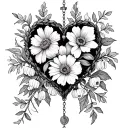 rosary making a heart with the flowers aster, poppy, lilly of the valley, and marigold inside the rosary  tattoo design idea