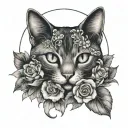 flowers with moon and cat tattoo design idea