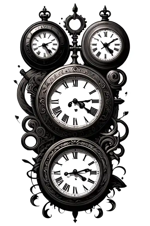 minimalistic steam punk themed  two clocks set to 2:21 and 10:48  tattoo design idea