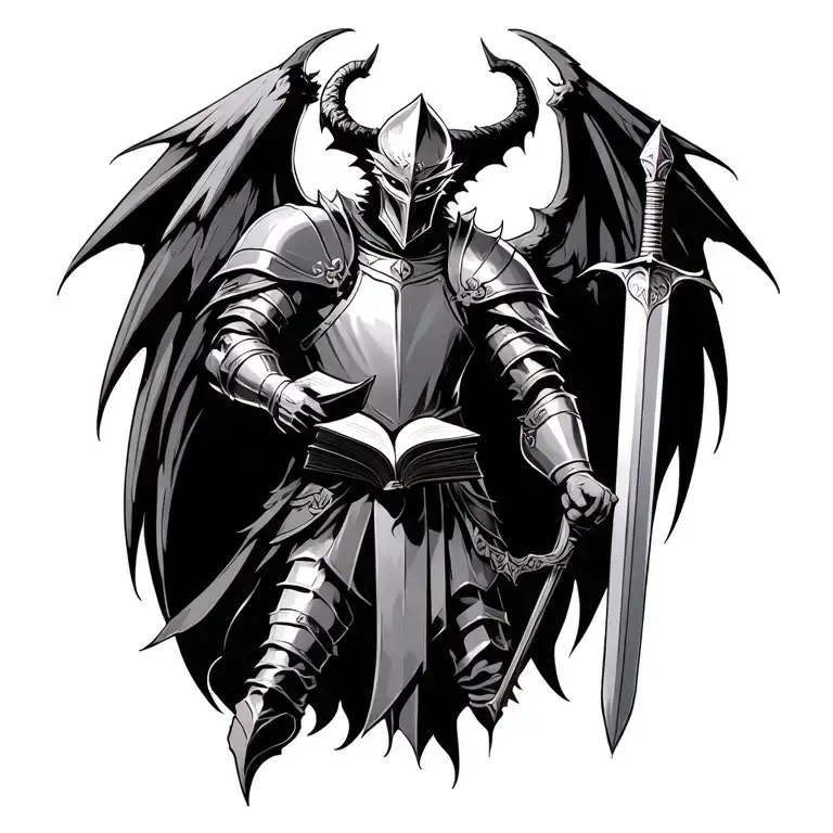 knight with demon wings holding book in one hand and a sword in the other tattoo design idea