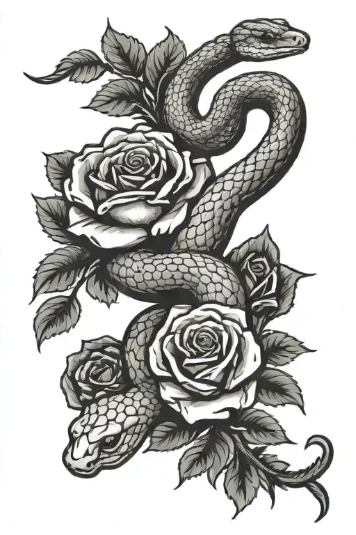 snake ans roses blooming tattoo design idea