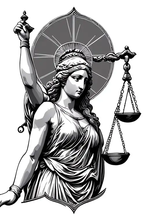 A black and grey forearm tattoo of Lady Justice in a minimalist and clean design. She should have a blindfold, a balance tattoo design idea
