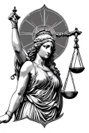 A black and grey forearm tattoo of Lady Justice in a minimalist and clean design. She should have a blindfold, a balance tattoo design idea