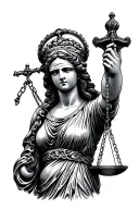 A black and grey forearm tattoo of Lady Justice in a minimalist and clean design. She should have a blindfold, a balance tattoo design idea