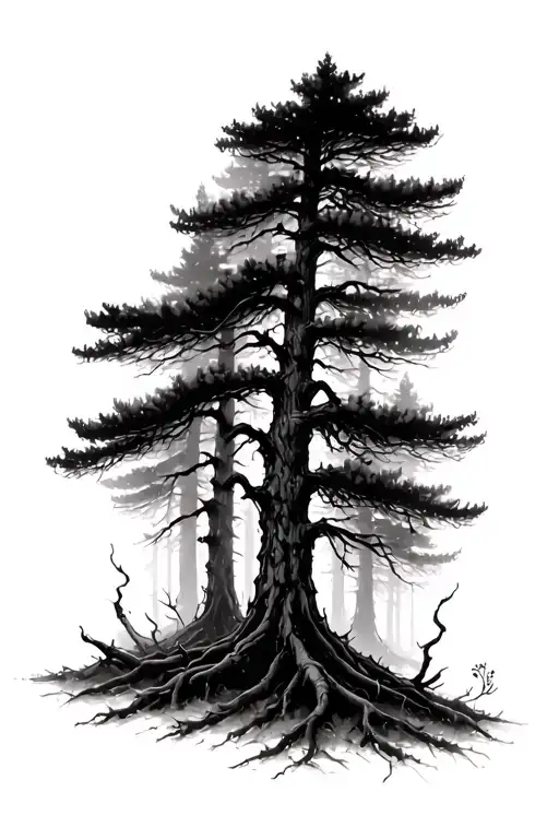 burned pine forest rendered in charcoal black ink, layers of twisted trees fading into darkness. tattoo design idea