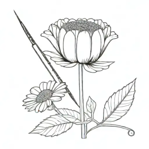 finline gerbera, acorn leaf, sewing needle, tool tattoo design idea