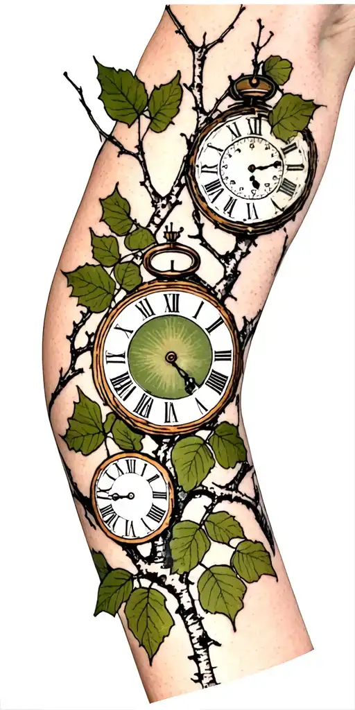 birch branches with hunter green leaves with only three clocks integrated into it for an arm sleeve tattoo design idea