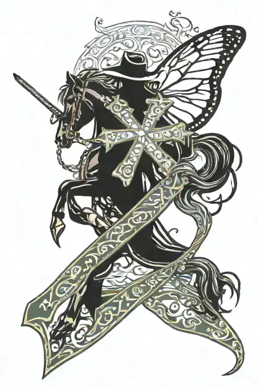 Cerebral palsy awareness ribbon entwined within a butterfly and a catholic cross with western cowgirl, equine background tattoo design idea