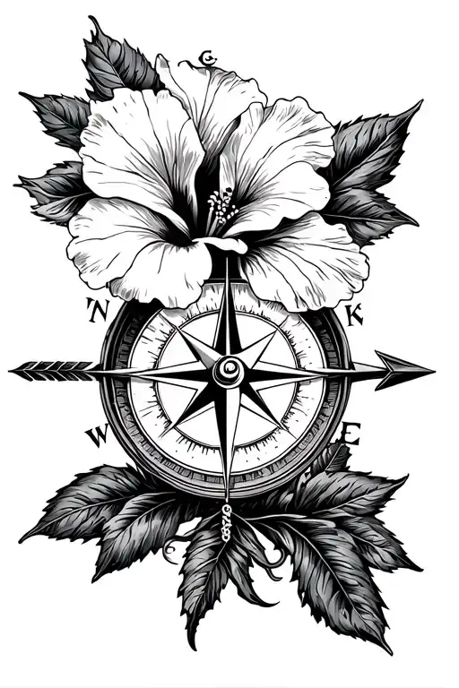 Hibiscus flower wind rose ridge arrow on a compass tattoo design idea