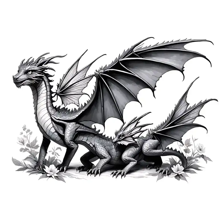 tiny dragons and fairies flying tattoo design idea