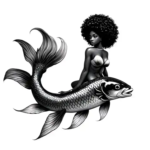 black mermaid with afro sitting on koi fish tail with clear african facial features tattoo design idea