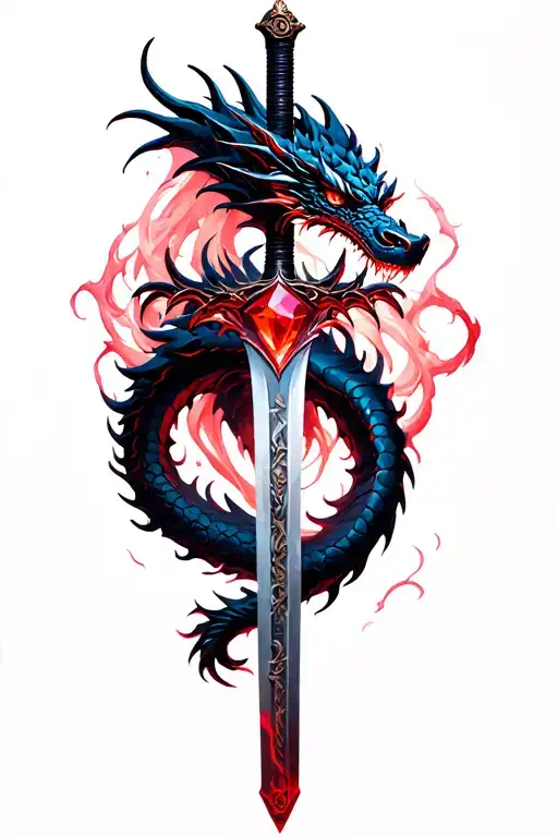 gothic shade bladed dragon wrapped around a ruby infused katana sword tattoo design idea