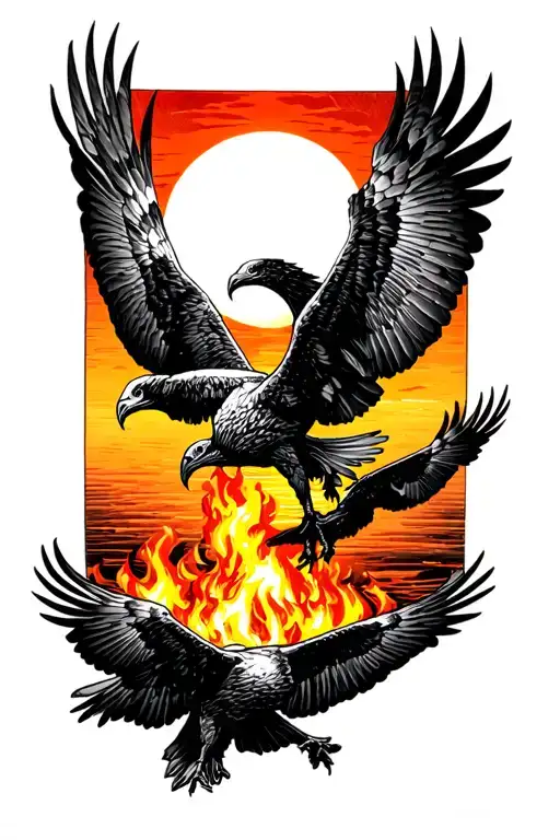 vultures circling a fire with a evil sun setting in the background tattoo design idea
