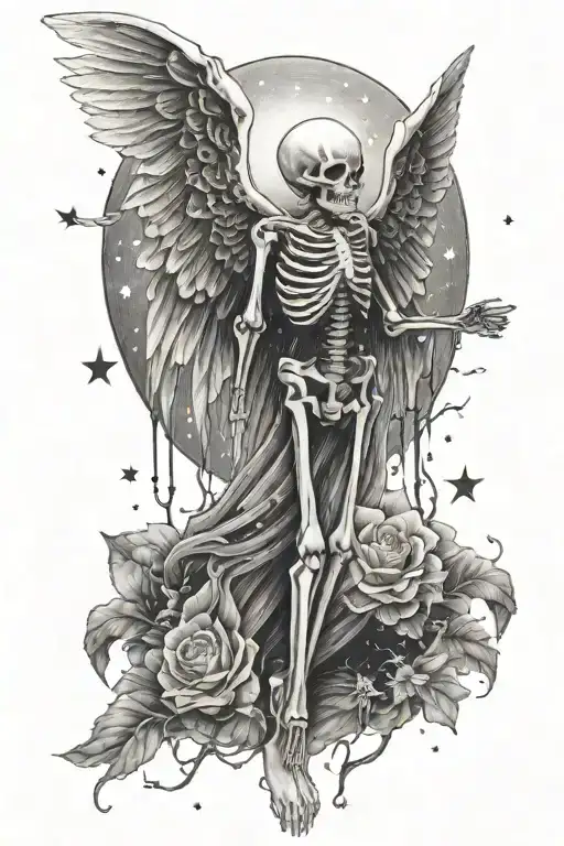 skeleton as an angel, nightsky, stars, moon,  tattoo design idea