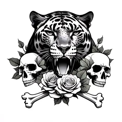 Chest tattoo, living panther at center, flanked by two skulls and bones, 2–3 decaying roses around skulls, heavy smoke r tattoo design idea