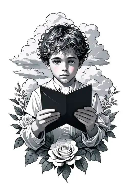 boy opening a letter surrounded by roses and clouds tattoo design idea