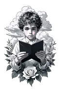 boy opening a letter surrounded by roses and clouds tattoo design idea