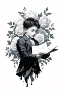 boy opening a letter surrounded by roses and clouds tattoo design idea