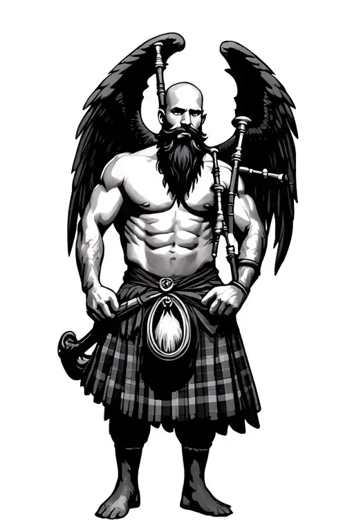 bagpipes in left arm bald shirtless muscular bagpiper black beard with two huge black wings  tattoo design idea