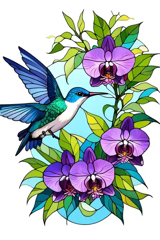 Blue purple orchids at bottom, green leaves and vines coming up, stained glass hummingbird, tattoo background minimalist tattoo design idea