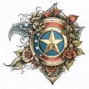 captian america sheild as base layer top line of roses wrapped around 2nd line are lilys tattoo design idea