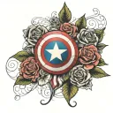 captian america sheild as base layer top line of roses wrapped around 2nd line are lilys tattoo design idea