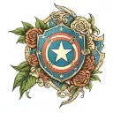 captian america sheild as base layer top line of roses wrapped around 2nd line are lilys tattoo design idea