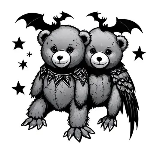 TWO HEADED TEDDY BEAR TWO ARMS TWO LEGS CUTE SPOOKY WITH BATS AND STARS AMERICAN TRADITIONAL LITTLE CROW STARS  tattoo design idea