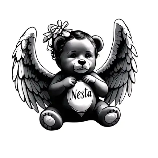 baby angel wings holding a teddy bear with the name Nesta  tattoo design idea