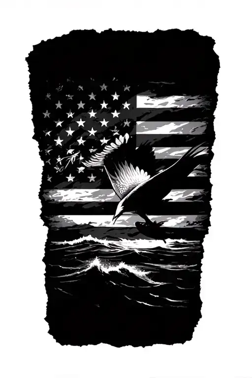 tattered American flag incorporated with uss surfbird and fair winds and following seas tattoo design idea