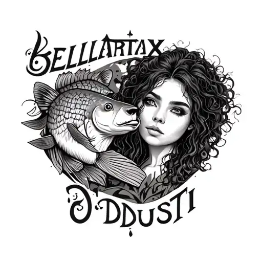 the words bellatrix and Dusti with a fish and bear  tattoo design idea