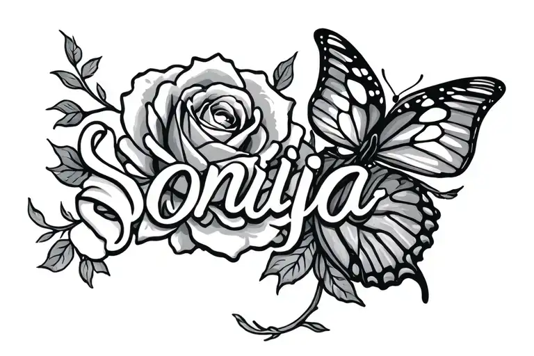 rose and butterfly with name "Sonija" in chola font tattoo design idea